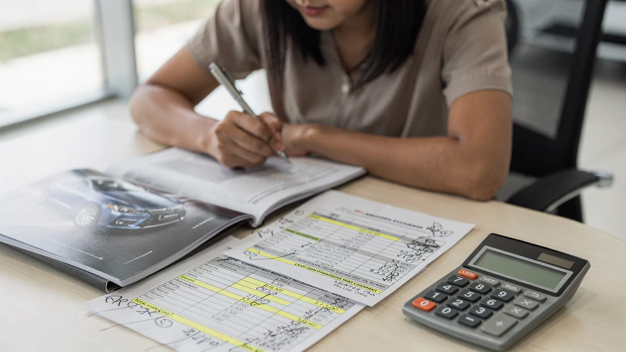 A Malaysian car buyer sitting at a table with a car brochure, a simple calculator, and financing paperwork, reviewing monthly instalment estimates and total loan cost notes.
